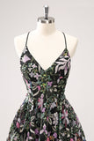 Sparkly Black A Line Floral Short Homecoming Dress with Sequins