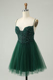 Glitter Dark Green A-Line Beaded Appliques Tulle Homecoming Dress