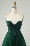 Glitter Dark Green A-Line Beaded Appliques Tulle Homecoming Dress