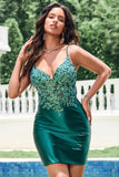 Sparkly Dark Green Tight V Neck Short Homecoming Dress with Sequins