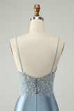 Glitter Dusty Blue Beaded Floral Tight Satin Homecoming Dress