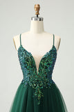 Glitter Dark Green A-Line Sequined Appliques V Neck Homecoming Dress