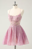 Dark Pink A Line Sparkly Beading Appliques Corset Short Homecoming Dress