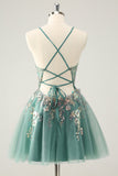 Grey Green A Line Glitter Sequins Spaghetti Straps Homecoming Dresses