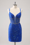 Sparkly Royal Blue Spaghetti Straps Corset Tight Homecoming Dress with Sequins