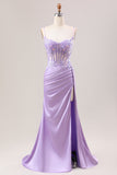 Stylish Lilac Mermaid Pleated Sequin Corset Long Ball Dress With Slit