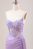 Stylish Lilac Mermaid Pleated Sequin Corset Long Ball Dress With Slit