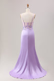 Stylish Lilac Mermaid Pleated Sequin Corset Long Ball Dress With Slit