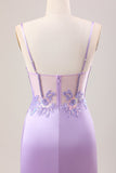 Stylish Lilac Mermaid Pleated Sequin Corset Long Ball Dress With Slit