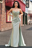 Stylish Sage Mermaid Pleated Sequin Corset Long Prom Dress With High Slit