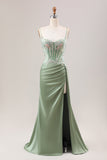 Stylish Sage Mermaid Pleated Sequin Corset Long Prom Dress With High Slit