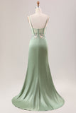 Stylish Sage Mermaid Pleated Sequin Corset Long Prom Dress With High Slit