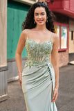 Stylish Sage Mermaid Pleated Sequin Corset Long Prom Dress With High Slit