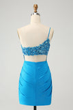 Blue Bodycon One Shoulder Ruched Satin Homecoming Dress with Sequins