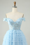 Light Blue A Line Off The Shoulder Corset Short Homecoming Dress