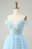 Light Blue A Line Off The Shoulder Corset Short Homecoming Dress