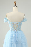 Light Blue A Line Off The Shoulder Corset Short Homecoming Dress