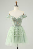 Sparkly Light Green A Line Off The Shoulder Corset Tulle Homecoming Dress