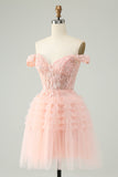 Blush A Line Off The Shoulder Corset Short Tulle Homecoming Dress