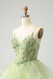 Light Green A-Line Tulle Tiered Homecoming Dress with Appliques