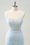 Light Blue Bodycon Spaghetti Straps Corset Homceoming Dress with Sequins