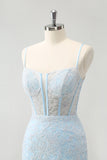 Light Blue Bodycon Spaghetti Straps Corset Homceoming Dress with Sequins