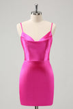 Simple Fuchsia Cowl Neck Backless Tight Short Homecoming Dress