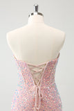 Sparkly Strapless Light Pink Tight Short Homecoming Dress with Sequins