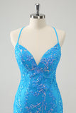 Sparkly Sky Blue Tight Short Homecoming Dress with Lace-Up Back