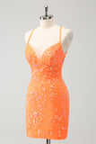 Sparkly Orange Lace-Up Back Tight Short Homecoming Dress with Sequins