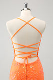 Sparkly Orange Lace-Up Back Tight Short Homecoming Dress with Sequins