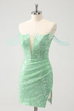 Sparkly Green Off the Shoulder Ruched Tight Homecoming Dress with Sequins