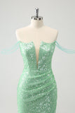 Sparkly Green Off the Shoulder Ruched Tight Homecoming Dress with Sequins