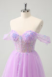 A Line Lilac Off the Shoulder Sequined Homecoming Dress