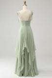 Matcha A-Line Spaghetti Straps Chiffon Bridesmaid Dress with Ruffles