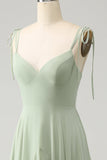 Matcha A-Line Spaghetti Straps Chiffon Bridesmaid Dress with Ruffles