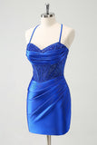 Sparkly Royal Blue Tight Corset Short Homecoming Dress with Lace Up Back