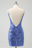 Blue Backless Spaghetti Straps Tight Homecoming Dress with Sequins