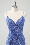 Blue Backless Spaghetti Straps Tight Homecoming Dress with Sequins