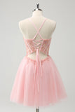 Pink Tulle A-Line Short Homecoming Dress with Beading