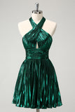 Glitter Dark Green Halter A-Line Pleated Metallic Homecoming Dress