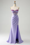 Light Purple Mermaid Strapless Ruched Beaded Corset Ball Dress with Slit