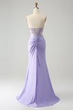 Light Purple Mermaid Strapless Ruched Beaded Corset Ball Dress with Slit