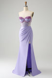 Light Purple Mermaid Strapless Ruched Beaded Corset Ball Dress with Slit