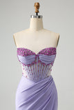 Light Purple Mermaid Strapless Ruched Beaded Corset Ball Dress with Slit