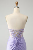 Light Purple Mermaid Strapless Ruched Beaded Corset Ball Dress with Slit