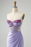 Light Purple Mermaid Strapless Ruched Beaded Corset Ball Dress with Slit