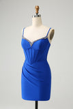 Sparkly Royal Blue Tight Corset Spaghetti Straps Homecoming Dress