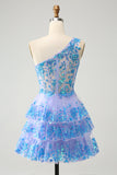 Sparkly Light Blue A-Line One Shoulder Tiered Sequined Homecoming Dress