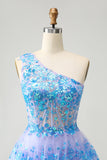 Sparkly Light Blue A-Line One Shoulder Tiered Sequined Homecoming Dress